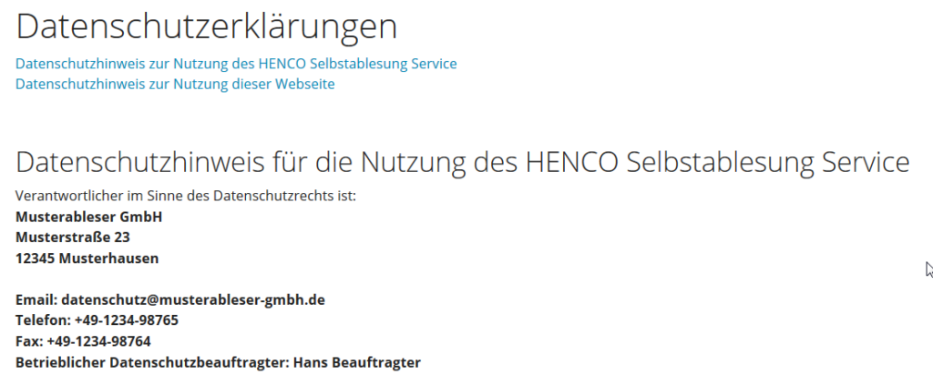HENCO-Selbstablesung Datenschutzerklärungen